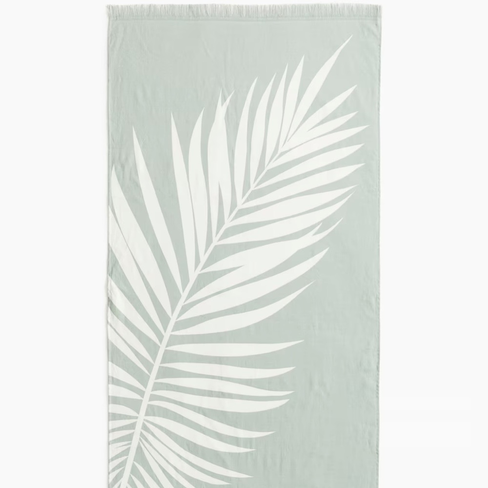 Sage Green Beach Towel with White Palm Leaf Print fringe 31”x65”